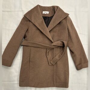 Calvin Klein Wrap Coat Wool with Belt Camel Shawl Collar Tan Sz 14 Classic